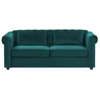 Sofá Cama Chesterfield de Terciopelo Verde con Patas de Madera Oscura y Colchón Incorporado - 3 Plazas