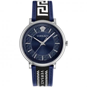 Versace Blue V-Circle Watch Leather/Textile Band for Men, One Size