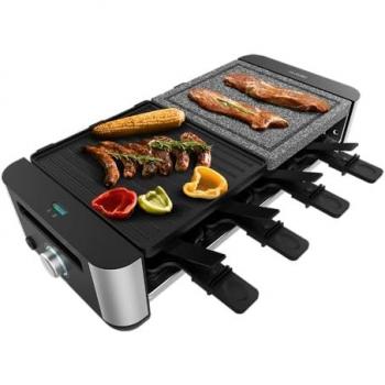 Cecotec Raclette Cheese&Grill 16000 Inox MixGrill 1400W, 8 Personas, 2 Placas antiadherentes, Superficie mixta de 20 x 22 cm, 8 s