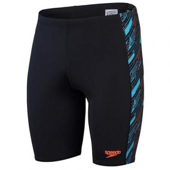 Speedo Jammer Hyperboom Panel Bañador de natación para hombre, entallado, estampado HyperBoom, resistente al cloro, color negro/azul Picton/rojo sirena, talla 30