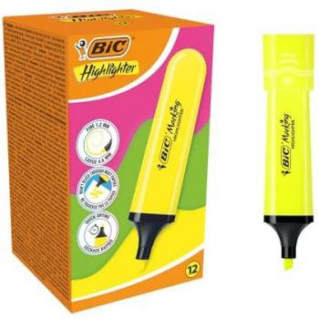 Rotulador fluorescente BIC Flat amarillo neón, caja de 12 unidades, punta biselada modular (1,2 mm - 4,6 mm)