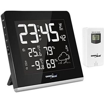Estación meteorológica inalámbrica 9 Colores GreenBlue GB151 DCF VA LCD USB Sensor inalámbrico exterior, ideal para personas con problemas de visión.