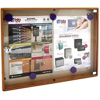 BTV | Tablon Anuncios con Llave Horizontal con Perfil de Aluminio y Puerta de Metacrilato | Cerradura de Seguridad | Medidas 35 x 46 x 3,65 cm | Madera Clara
