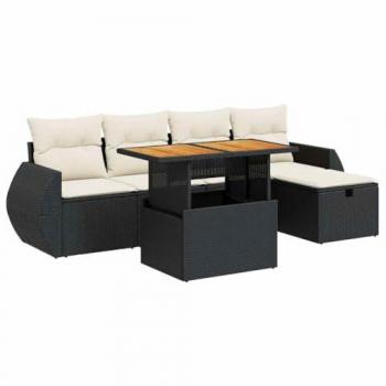 6-Piece Black Poly Rattan Garden Sofa Set with Cushions