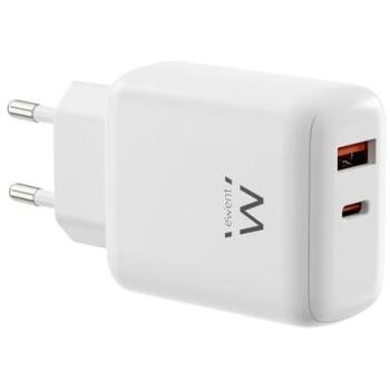 Cargador Rápido Ewent EW1329 45W USB-C PD y USB-A QC 3.0 Doble Puerto Blanco GaN para Móviles y Dispositivos Electrónicos