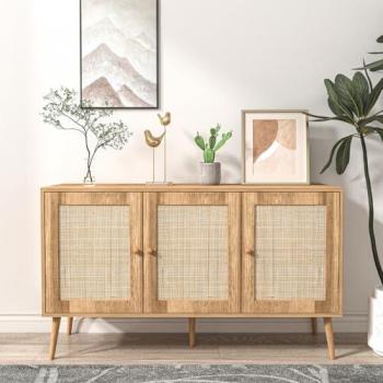 Aparador de Madera y Efecto Caña 3 Puertas 120 cm Estilo Escandinavo CANGE
