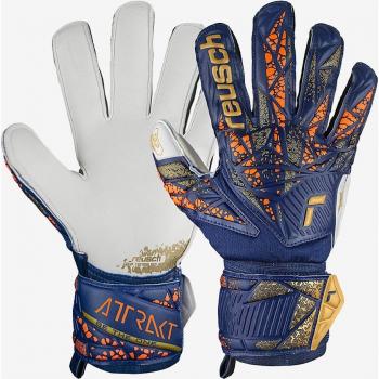 Guantes de portero Reusch Attrak Grip azul-oro con palma de látex, diseño ergonómico, cierre ajustable en la muñeca y excelente agarre en condiciones húmedas