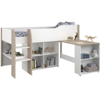 Lit Combiné Infantil 90x200 cm con Escritorio Retráctil y Almacenamiento - Blanco y Efecto Chêne
