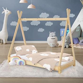 Cama Infantil Tipi 70x140 cm Estructura de Madera de Pino Natural con Somier y Diseño de Casita para Juegos