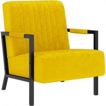 Sillón de terciopelo amarillo mostaza con estructura resistente, tapizado en suave terciopelo, diseño moderno y elegante, patas de madera sólida, ideal para decoración contemporánea