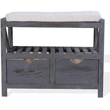Banco de Asiento Gris Vintage con 2 Cajones de Madera - Estilo Retro 43x65x34 cm