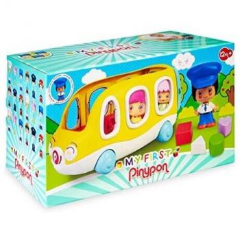 My First Pinypon, Happy Bus, Mi primer autobús escolar y figura de conductor, con espacio para 3 figuras, ruedas y panel con huecos para encajar formas geométricas de colores, FAMOSA