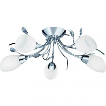 Plafón Gardenia de 5 luces, lámpara de techo semi empotrada en cromo con múltiples brazos, cristal blanco y vidrio opalino, casquillo E14