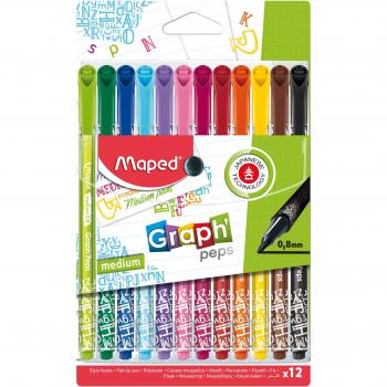 Maped - Rotuladores de Colores para Niños - Graph'Peps Deco - 12 Rotuladores de Punta Media - Tinta no Traspasa el Papel - Empuñadura Triangular - Ideal como Bolígrafo de Escritura