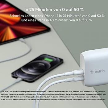 Belkin - Cargador de pared USB Type C, PD de 40 W, dos puertos USB-C de 20 W cada uno para carga rápida PD para iPhone 12, 12 Pro, 12 Pro Max, Mini, iPad Pro, Galaxy y otros, color blanco