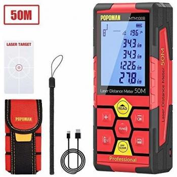 POPOMAN Telémetro láser 50m, USB Carga 30mins, Decoracion interior, 99 Datos, Medidor Láser, Sensor de Ángulo Electrónico, 2.25'' LCD Pantalla, m/in/ft/ft+in, Pitagórico, Distancia, Volumen-MTM100B