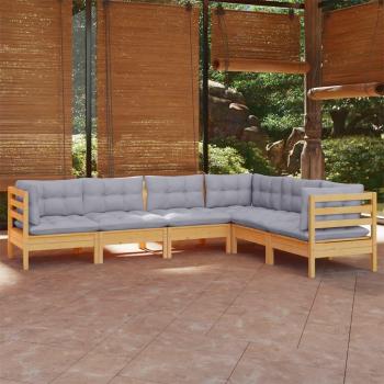 6-Piece Solid Pinewood Garden Lounge Set with Grey Cushions