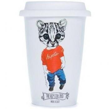 La Cija The Hipster Zoo Mini Ocelot Vaso Americano de Porcelana con Tapa de Silicona, Blanco, 9.9x9.9x13.7 cm