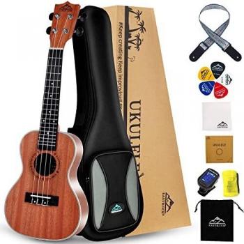 EASTROCK Ukelele soprano para principiantes Kit de Ukulele de madera de sapeli de 23 pulgadas con bolsa Thicknen, afinador, correa, hilo de carbono, juego de paño de limpieza