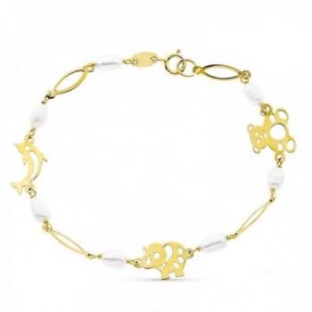 Pulsera de Oro 18k para Niña con Perlas Cultivadas, Elefante y Oso