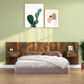 vidaXL Cabecero de cama y mesitas madera contrachapada roble ahumado