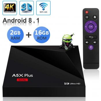 Sidiwen Android 8.1 TV Box A5X Plus Mini Smart Media Player 2GB RAM 16GB ROM Rockchip RK3328 Soporte Quad Core 3D 4K Ultra HD H.265 HEVC WiFi 2.4G Ethernet 100M LAN USB 3.0 Internet Set-Top Box