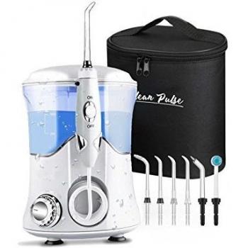 Clean Pulse Pro - Irrigador bucal - Irrigador Dental Profesional, 8 Boquillas, Depósito 600 ml. de Agua y bolsa de Viaje Recomendado por dentistas y médicos especialistas