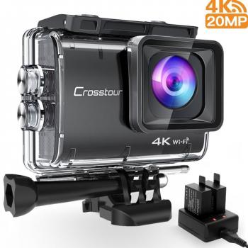 Crosstour Action Camera Real 4K 20MP WiFi Underwater Cam with EIS Anti-Shake Technology, Time-Lapse Recording, 2 Rechargeable Batteries, USB Charger & Accessories