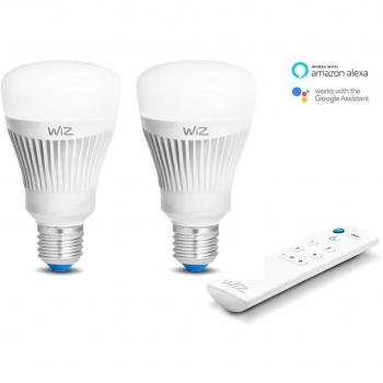 2-Pack bombillas LED WiZ inteligente con conexión WiFi, luz blanca y de colores + WiZmote mando a distancia. 64.000 tonos de blanco, 16 millones de colores. Funciona con Amazon Alexa y Google Home.