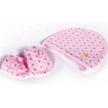 Pasito a Pasito - Gorrito y manoplas de primera puesta Elodie en punto rosa estampado para la clínica