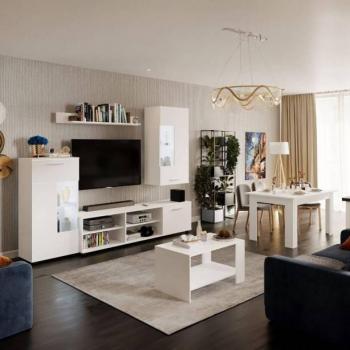 Pack Muebles de Salón Cascade: Mueble TV, 2 Módulos, Estantería, Mesa Centro y Mesa Comedor en Melamina Blanco Mate