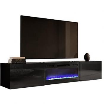Mesa de TV Charlotte 162, Negro Brillante, con Chimenea Eléctrica y Dimensiones 200x37x40cm