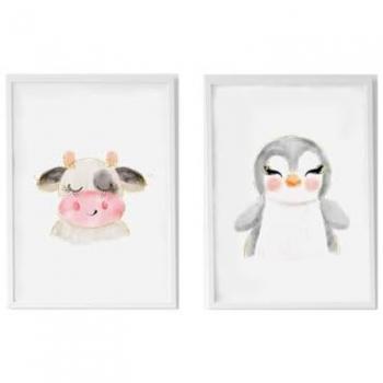 Juego de 2 cuadros infantiles Crochetts Multicolor Madera MDF 33 x 43 x 2 cm Vaca Pingüino (2 Piezas)