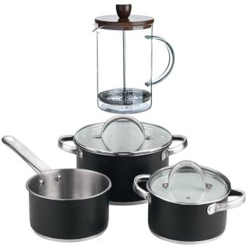 Batería de Cocina San Ignacio Ronda 5 Pzs con Cafetera de Émbolo de Vidrio Borosilicato y Delantal Gris Oscuro 100% Algodón