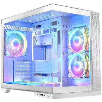 MODECOM CASE PANORAMA ARGB 5F MIDI WHITE - Caja Torre PC Midi ATX, diseño panorámico con paneles de vidrio templado, iluminación RGB en ventiladores y tiras LED, soporte para refrigeración líquida y