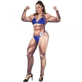 Disfraz de Fisicoculturista en traje de baño azul para mujer, talla única, incluye top y pantalones cortos ajustados, diseño realista que imita músculos tonificados, ideal para fiestas de disfraces y eventos tem