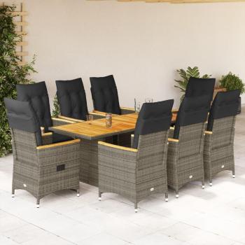 9-Piece Grey Poly Rattan Garden Dining Set with Cushions
