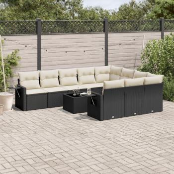 11-Piece Black Poly Rattan Garden Sofa Set with Cushions