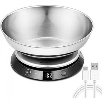 digital Báscula de cocina de Acero Inoxidable,recargable por USB,peso cocina digital con cuenco desmontable de 11 lb/5 kg, bascula precision peso de cocina bascula digital, balanza cocina