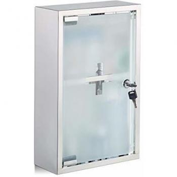 Armario Botiquín de Acero Inoxidable con Vitrina de Cristal, 2 Compartimentos, Cerradura, Primeros Auxilios, Plateado, 40x25x11 cm