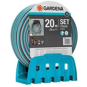 Soporte mural para manguera con manguera de GARDENA: manguera de 20 m, lanza y soporte; manguera resistente a la presión y rígida, combinable con todos los dispositivos GARDENA