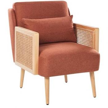 Sillón Tradicional Orum de Poliester Naranja con Estructura de Madera y Ratán Trenzado, Patas de Madera y Tapones Plásticos