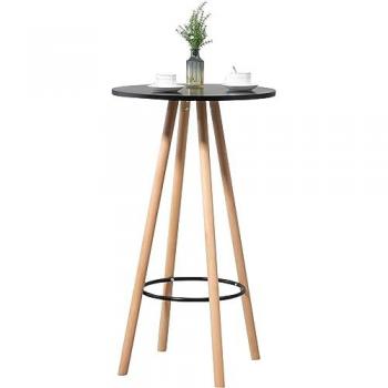Mesa de bar Livia redonda de madera natural y negro, estilo escandinavo con 4 patas y reposapiés
