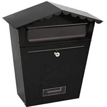 Buzón Exterior Color Negro Acero Para exteriores. Medidas: 35,5 cm de alto, 33 cm de ancho parte superior, 21,5 cm de ancho parte inferior y 13 cm de profundidad