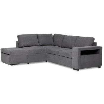 Sofá Cama Romeo Chaiselongue Moderno con Arcón, Puf y Estante Color Gris Oscuro 249 cm