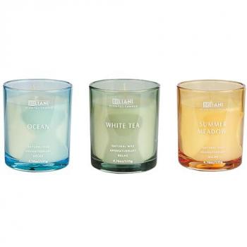 Conjunto de 3 velas perfumadas multicolor 100% cera de soja con mecha de algodón y vidrio, fragancias frescas: océano, té blanco y pradera estival