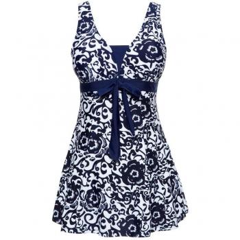 Wantdo Traje de Baño 1 Pieza para Mujer Monokini Estampado Floral con Falda 42 Azul de mar