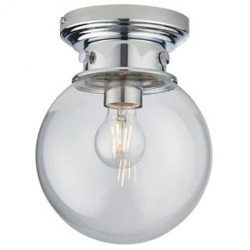 Plafón Cheswick 1 bombilla Acero, cristal Placa cromada, cristal transparente Lámpara de techo semi empotrada en cromo, pantalla de globo de vidrio transparente, IP44 - Endon