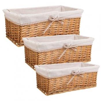 Juego de Cestos de Mimbre Forrados en Marrón - Set de 3 Piezas con Estructura de Madera de Sauce