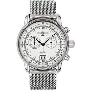 Reloj de Hombre Zeppelin 7690M-1, Cronógrafo Analógico, Cuerpo Plateado, Correa Milanaise, 43mm, Resistencia al Agua 5ATM